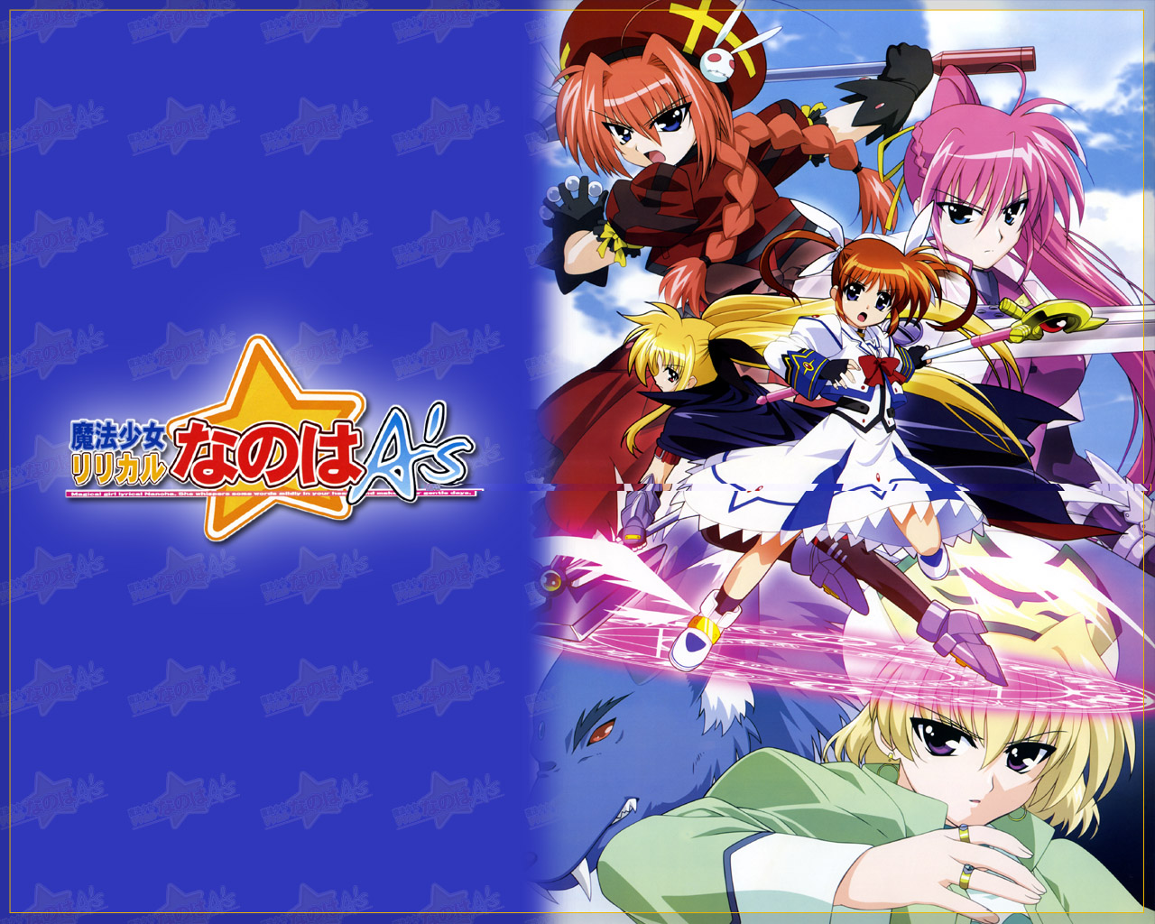 bardiche (assault form) (nanoha), bardiche (nanoha), fate testarossa, fate testarossa (lightning form), graf eisen, klarwind, laevatein (nanoha), raising heart, raising heart (accel mode), shamal, signum, takamachi nanoha, takamachi nanoha (sacred mode), vita (nanoha), zafira, lyrical nanoha, mahou shoujo lyrical nanoha, mahou shoujo lyrical nanoha a's, winged footwear, 00s, 5girls, ahoge, arm belt, beret, blonde hair, bow, braid, copyright name, earrings, fangs, gloves, hat, jacket, jewelry, magazine (weapon), magic circle, magical girl, multiple girls, open clothes, open jacket, pink hair, ponytail, red bow, red hair, ring, serious, shoes, twin braids, twintails, weapon, whip sword, wings, wolf