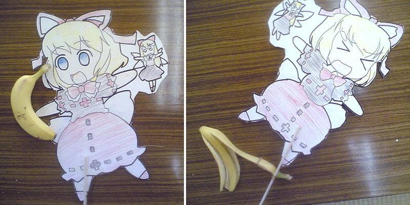 medicine melancholy, su-san, touhou, papercraft (medium), photo (medium), unconventional media, > <, 2girls, banana, blonde hair, blue eyes, closed eyes, doll, female focus, food, fruit, multiple girls, paper child, ribbon