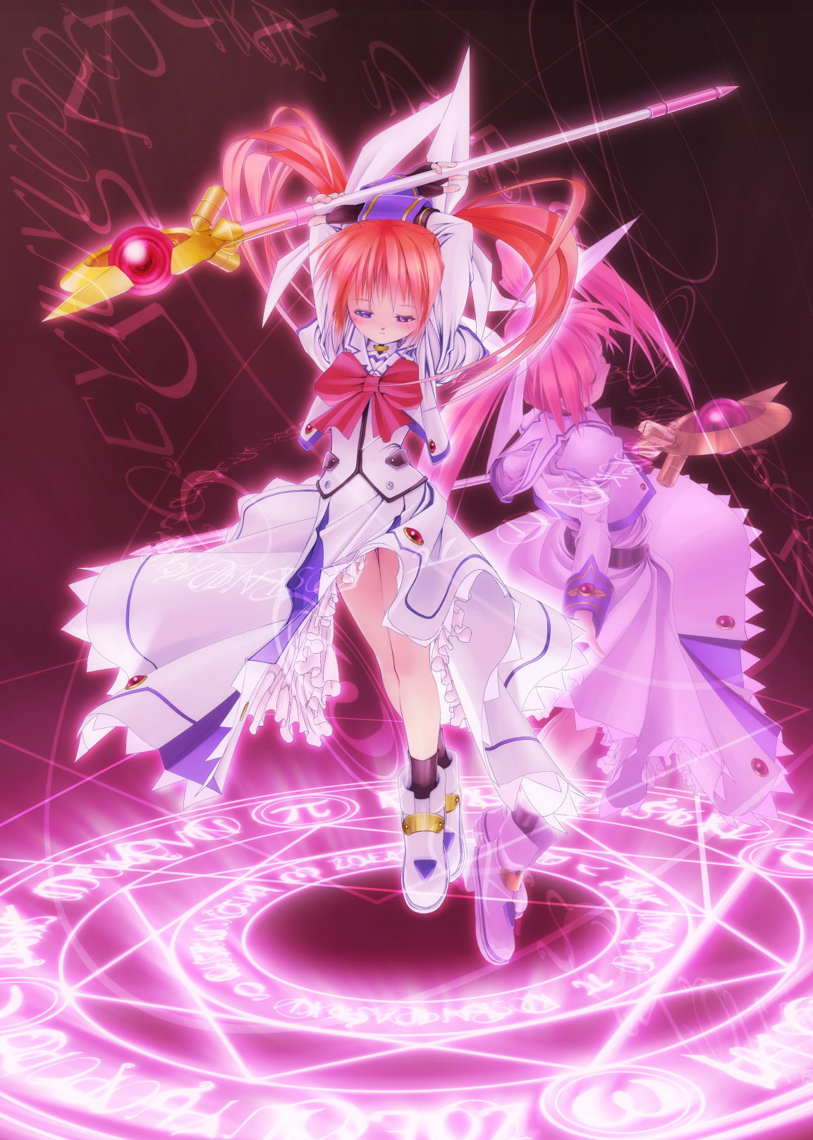 tom (1art.), raising heart, raising heart (accel mode), takamachi nanoha, takamachi nanoha (sacred mode), lyrical nanoha, mahou shoujo lyrical nanoha, highres, 00s, 2girls, bow, brown hair, closed eyes, dress, dual persona, fingerless gloves, gloves, hair bow, magic circle, magical girl, multiple girls, red bow, red hair, staff, standing, standing on magic circle, twintails
