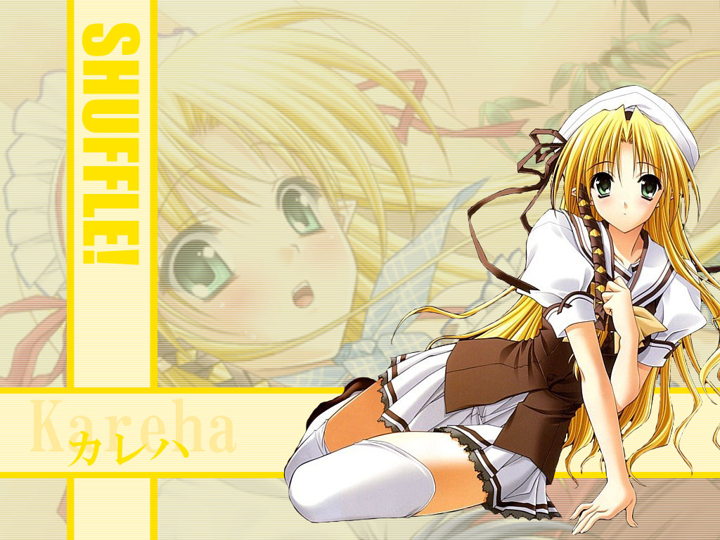 kareha, shuffle!, screencap, white legwear, official art, official wallpaper, 00s, blonde hair, blouse, bow, bowtie, braid, character name, embarrassed, green eyes, hat, leaning to the side, long hair, miniskirt, multiple views, parted bangs, plant, pleated skirt, pointy ears, school uniform, serafuku, shirt, sitting, skirt, surprised, thighhighs, very long hair, wavy hair, white hat, white shirt, yellow bow, yellow bowtie, zettai ryouiki