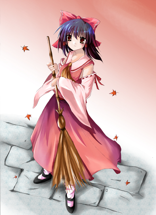 hakurei reimu, touhou, looking away, stone, white legwear, 1girl, ascot, autumn, bad anatomy, bamboo broom, black hair, bow, broom, detached sleeves, dutch angle, female focus, from above, large bow, leaf, mary janes, poorly drawn, shoes, skirt, skirt set, solo, sweeping, vest, wide sleeves