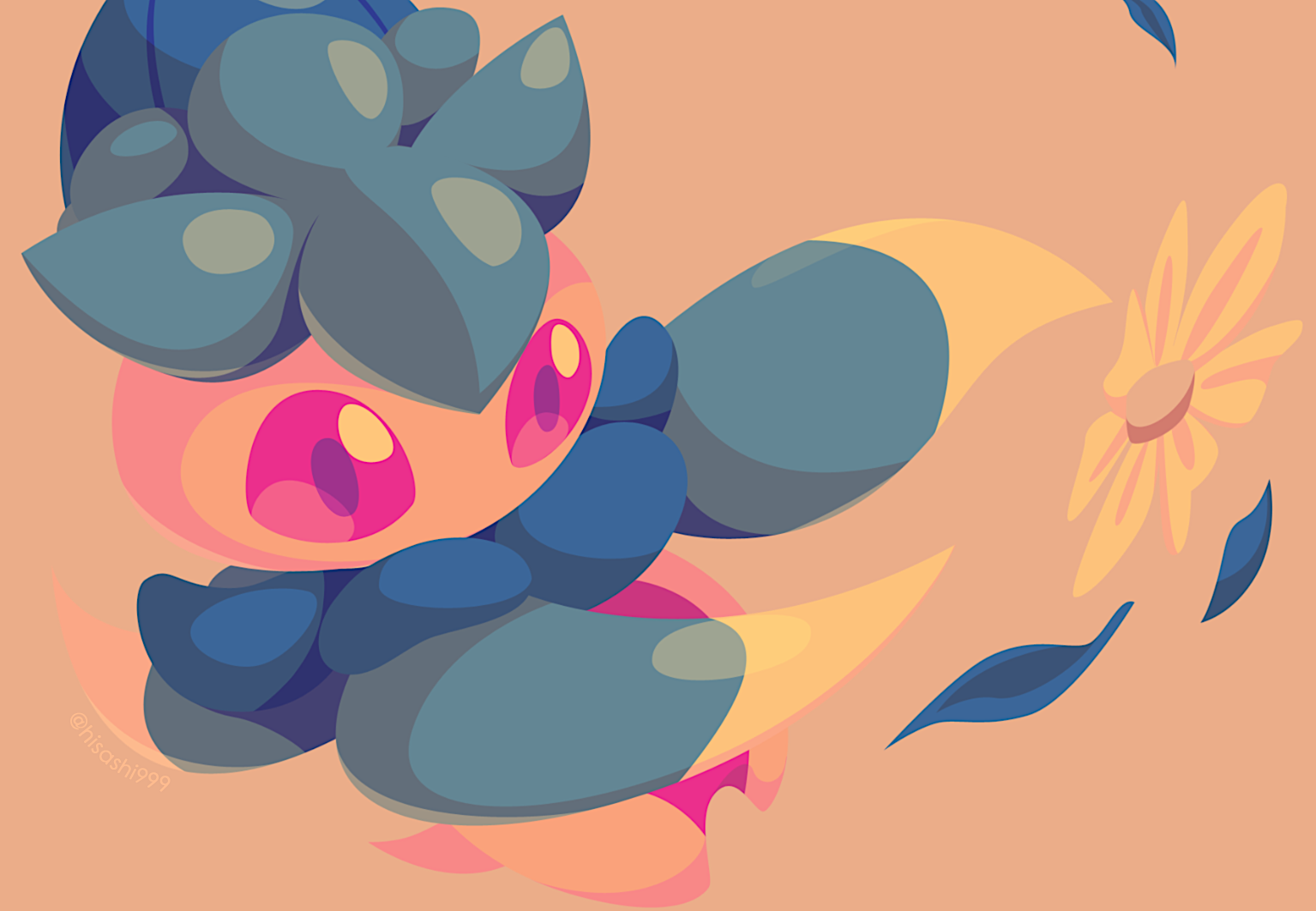 hisashi999, fomantis, nintendo, pokemon, commentary request, gen 7 pokemon, leaf, limited palette, looking ahead, no humans, pink eyes, pokemon (creature), simple background, slicing, solo
