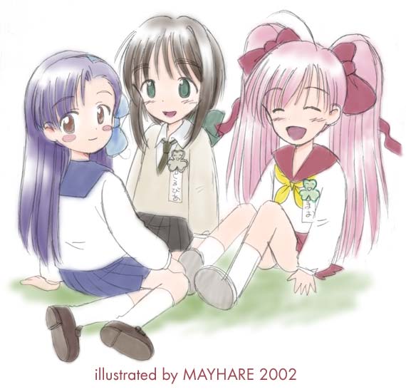 mayhare, maruyama sylvia, onigawara mao, tsukishima misora, rikujou boueitai mao-chan, 00s, 3girls, blue hair, brown hair, long hair, maochan, multiple girls, pleated skirt, ribbon, school uniform, serafuku, short hair, skirt, smile, twintails