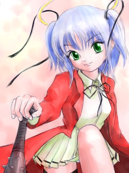 mitsukai dokuro, bokusatsu tenshi dokuro-chan, 00s, 1girl, blue hair, club, club (weapon), escaliborg, excalibolg, female focus, green eyes, halo, kanabou, long sleeves, panties, ribbon, short hair, solo, spiked club, striped clothes, striped panties, twintails, two side up, underwear, weapon