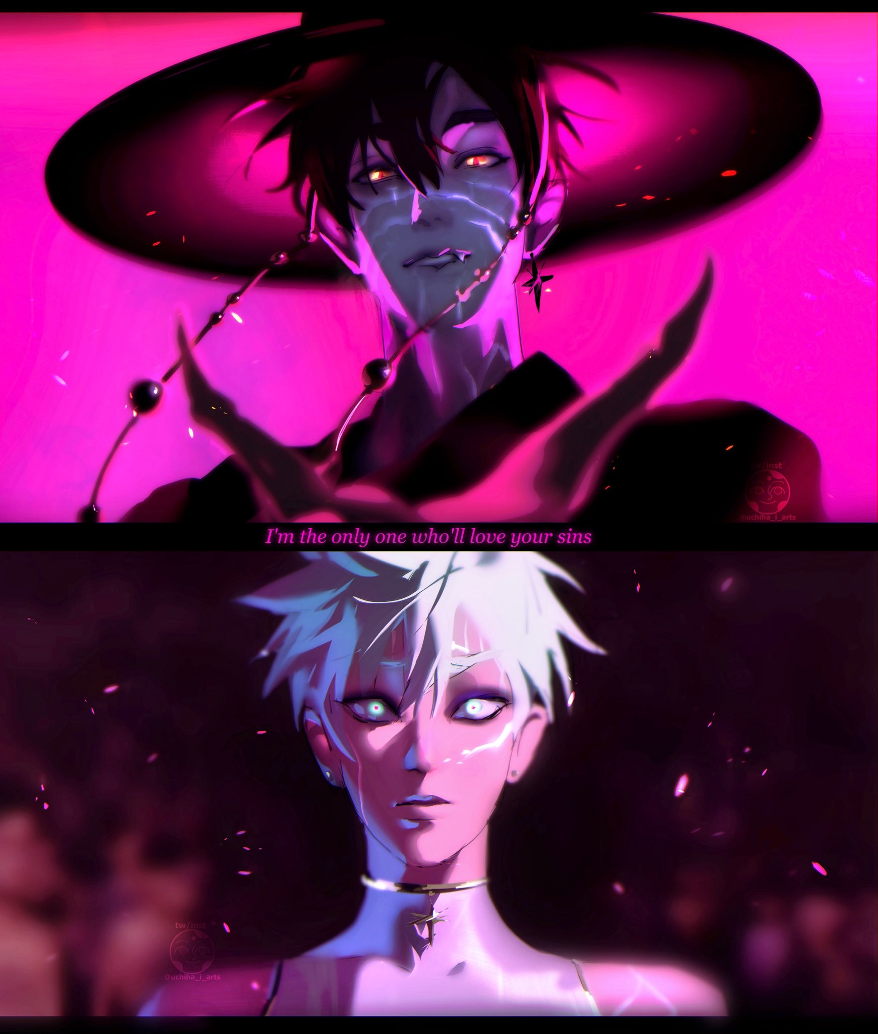 uchiha i arts, ivan (alien stage), till (alien stage), alien stage, kpop demon hunters, commentary, english commentary, highres, 2boys, aqua eyes, black hair, black hat, claws, earrings, english text, facial mark, gat (hat), glowing, glowing eyes, gold trim, hat, jewelry, korean clothes, lyrics, male focus, multiple boys, shirt, short hair, single earring, sleeveless, sleeveless shirt, slit pupils, very short hair, watermark, white hair, white shirt, yellow eyes