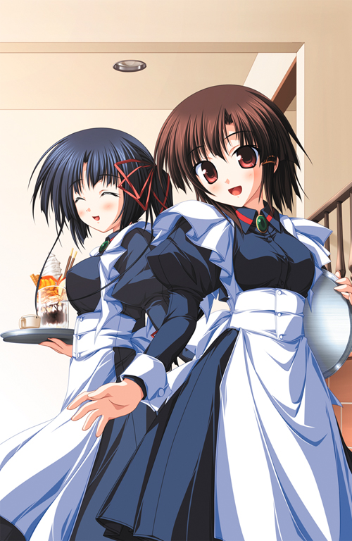 tsukimori hiro, yuuki makoto (radiant), nanjou ibuki, niiyama aoi, akiiro renka, purple software, 2girls, apron, black hair, blush, brooch, brown hair, closed eyes, cup, dessert, dress, food, hair ribbon, happy, jewelry, long hair, multiple girls, parfait, pocky, red eyes, ribbon, short hair, side ponytail, smile, teacup, tray, waitress, wrist cuffs