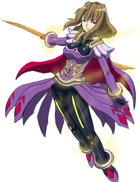 shizuru viola, my-otome, 00s, brown hair, long hair, red eyes, simple background, weapon, white background