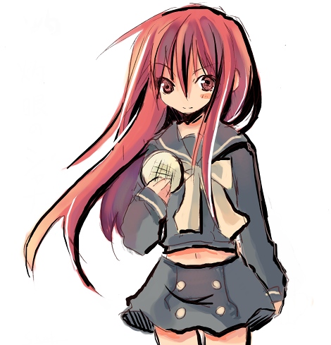 shana, shakugan no shana, lowres, 00s, 1girl, bread, female focus, food, long hair, melon bread, red hair, school uniform, solo