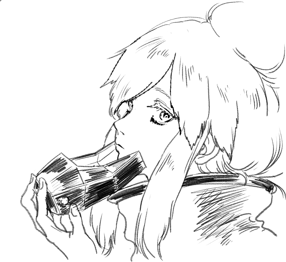 cosmic bear, deux murasame, gundam, gundam gquuuuuux, 1girl, expressionless, eyelashes, from side, greyscale, hair bun, hand up, hatching (texture), high collar, holding, holding mask, looking at viewer, mask, monochrome, mouth mask, portrait, sidelocks, solo, unworn mask