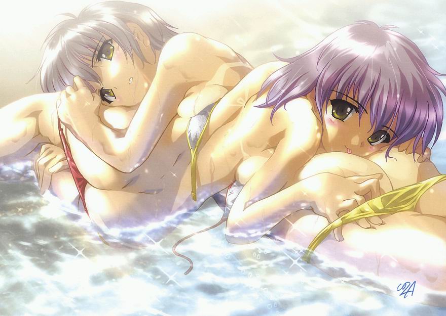 komatsu eiji, 2girls, ass, bikini, bikini pull, head on ass, multiple girls, panties, panty pull, purple hair, swimsuit, tan, tanline, underwear, yellow eyes, yuri