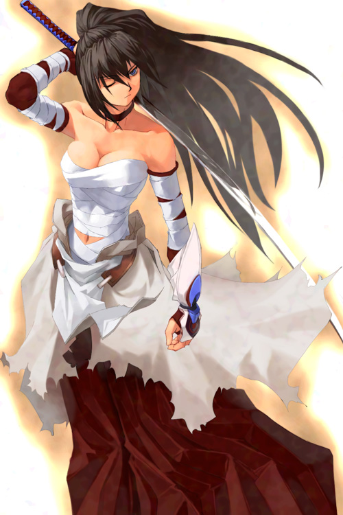 sun-3, original, blade, 1girl, bandages, bare shoulders, black hair, blue eyes, breasts, choker, cleavage, elbow gloves, female focus, fingerless gloves, gloves, katana, large breasts, long hair, navel, one eye closed, ponytail, sarashi, solo, sword, torn clothes, weapon, wink