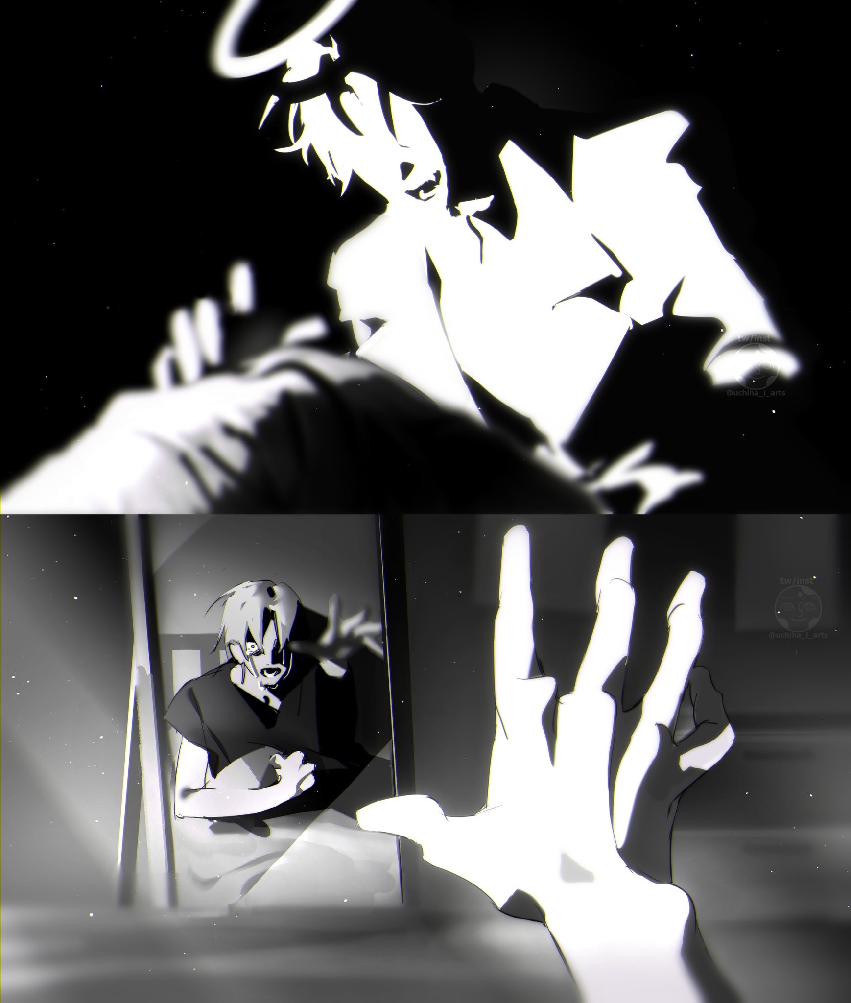 uchiha i arts, ivan (alien stage), till (alien stage), alien stage, commentary, english commentary, highres, 2boys, blanket, crying, crying with eyes open, greyscale, halo, male focus, mirror, monochrome, multiple boys, on bed, open mouth, reaching, reflection, shirt, short sleeves, tears, watermark