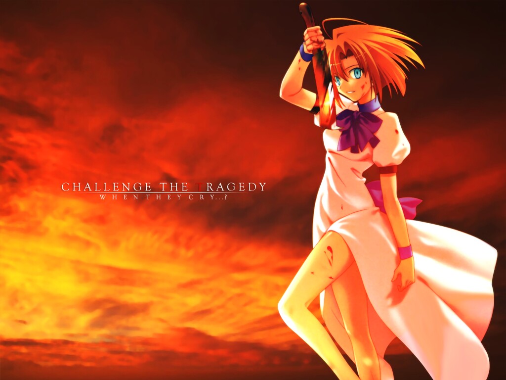 takeuchi takashi, ryuuguu rena, higurashi no naku koro ni, type-moon, 00s, 1girl, billhook, blood, blood on clothes, blood on face, bloody weapon, blue eyes, bow, cleaver, cloud, cloudy sky, dress, female focus, hatchet, nata (tool), orange hair, orange sky, ribbon, ribbon-trimmed clothes, ribbon trim, short hair, sky, smile, solo, sunset, text focus, weapon, white dress