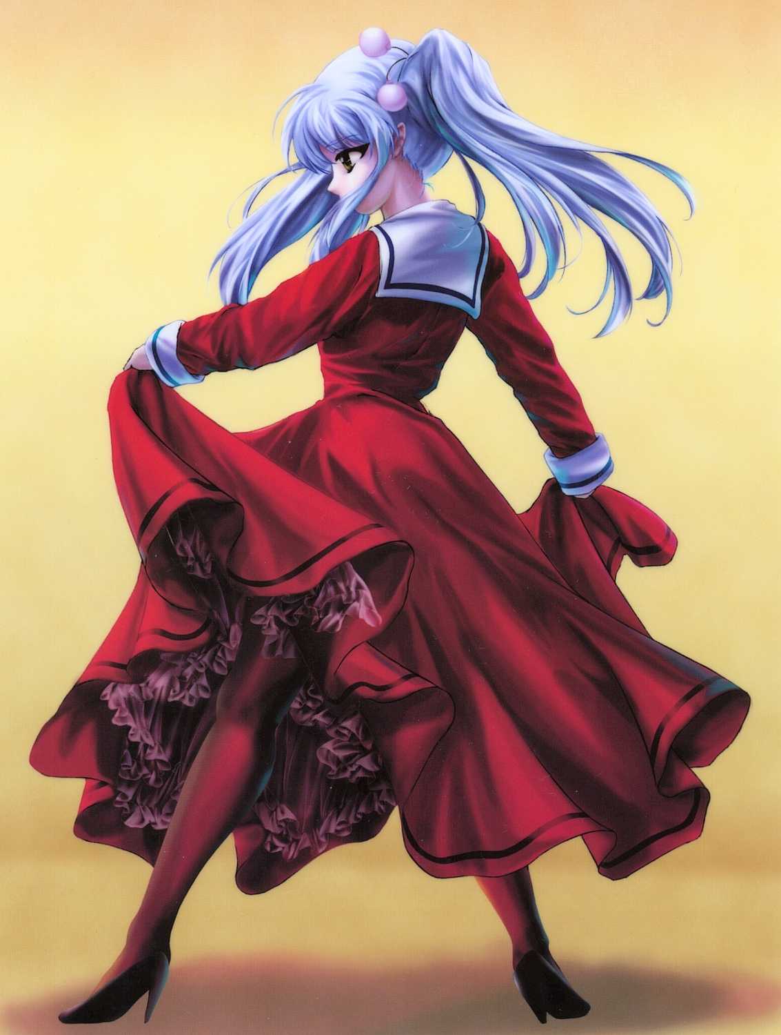 kisaragi (l-calena), hoshino ruri, kidou senkan nadesico, highres, 1girl, blue hair, clothes lift, dress, dress lift, female focus, frills, from behind, gathers, high heels, long hair, pantyhose, red dress, red theme, school uniform, serafuku, shoes, skirt hold, solo, thighhighs, twintails