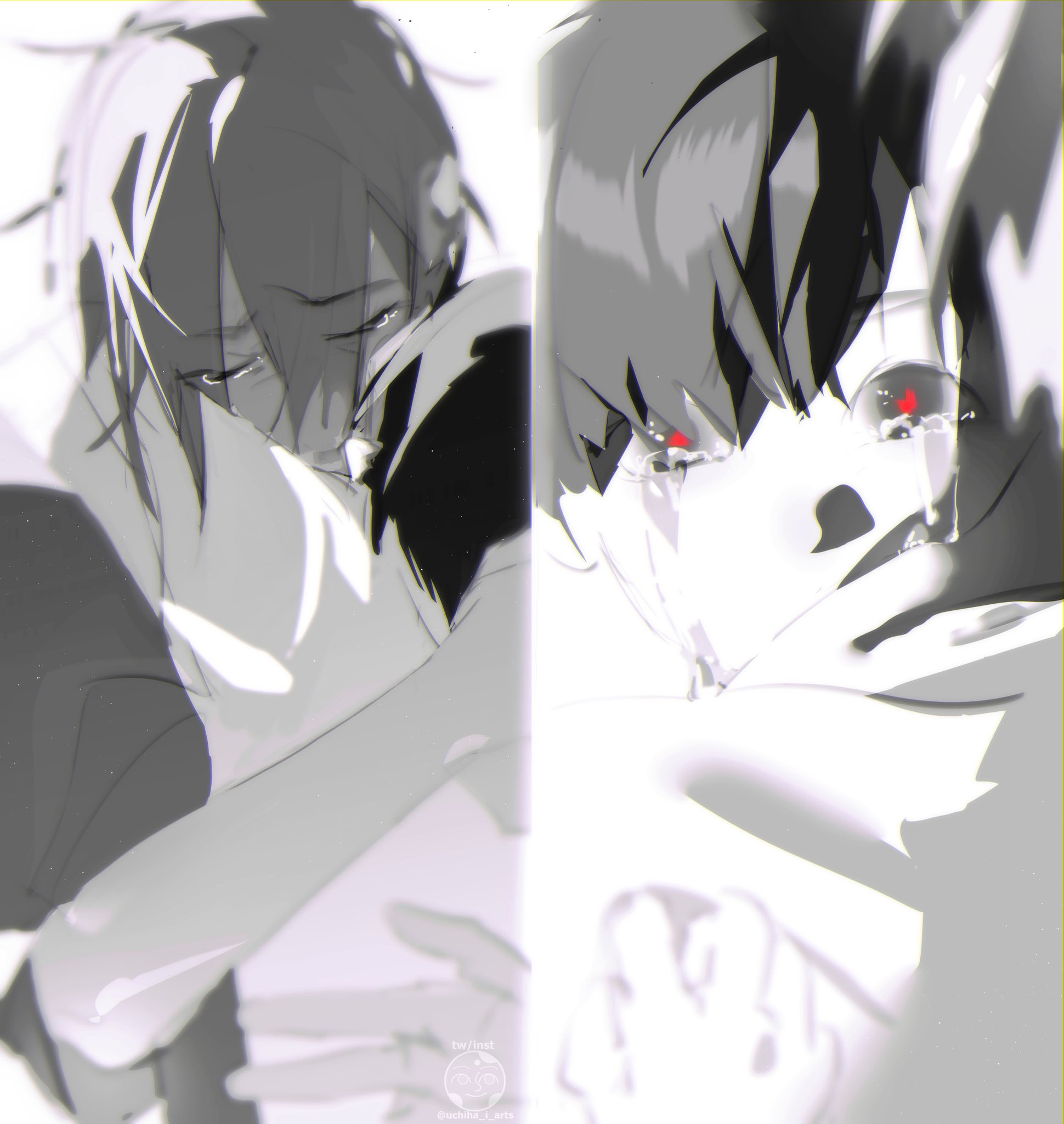 uchiha i arts, ivan (alien stage), till (alien stage), alien stage, commentary, english commentary, highres, 2boys, aged down, closed eyes, crying, crying with eyes open, hug, male focus, multiple boys, mutual hug, red pupils, spot color, tears, watermark