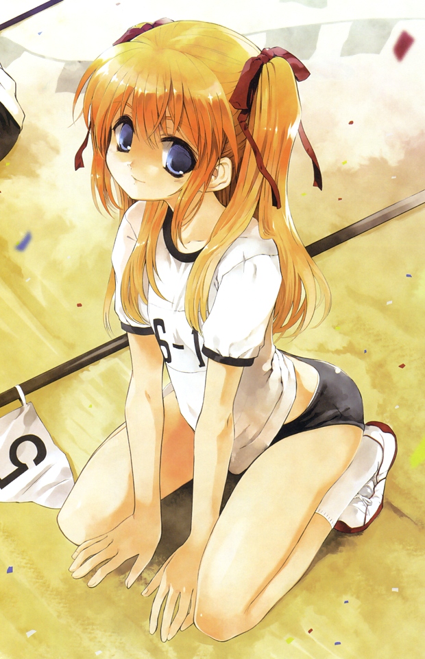 1girl, arched back, arm support, blonde hair, blue eyes, buruma, confetti, female focus, flag, gym uniform, hair ribbon, kneeling, light smile, long hair, looking at viewer, numbered flag, ribbon, running track, shoes, sneakers, solo, twintails, two side up