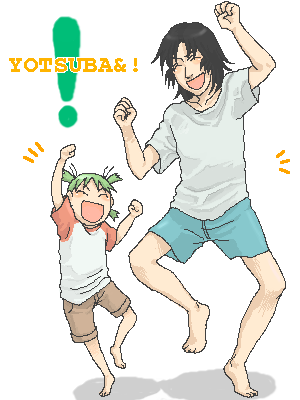 koiwai yotsuba, mr. koiwai, yotsubato!, lowres, !, 1boy, 1girl, :d, ^ ^, age difference, barefoot, black hair, blush, boxers, closed eyes, copyright name, dancing, father and daughter, green hair, happy, male underwear, oekaki, open mouth, quad tails, raglan sleeves, shirt, short hair, shorts, simple background, smile, t-shirt, underwear, white background