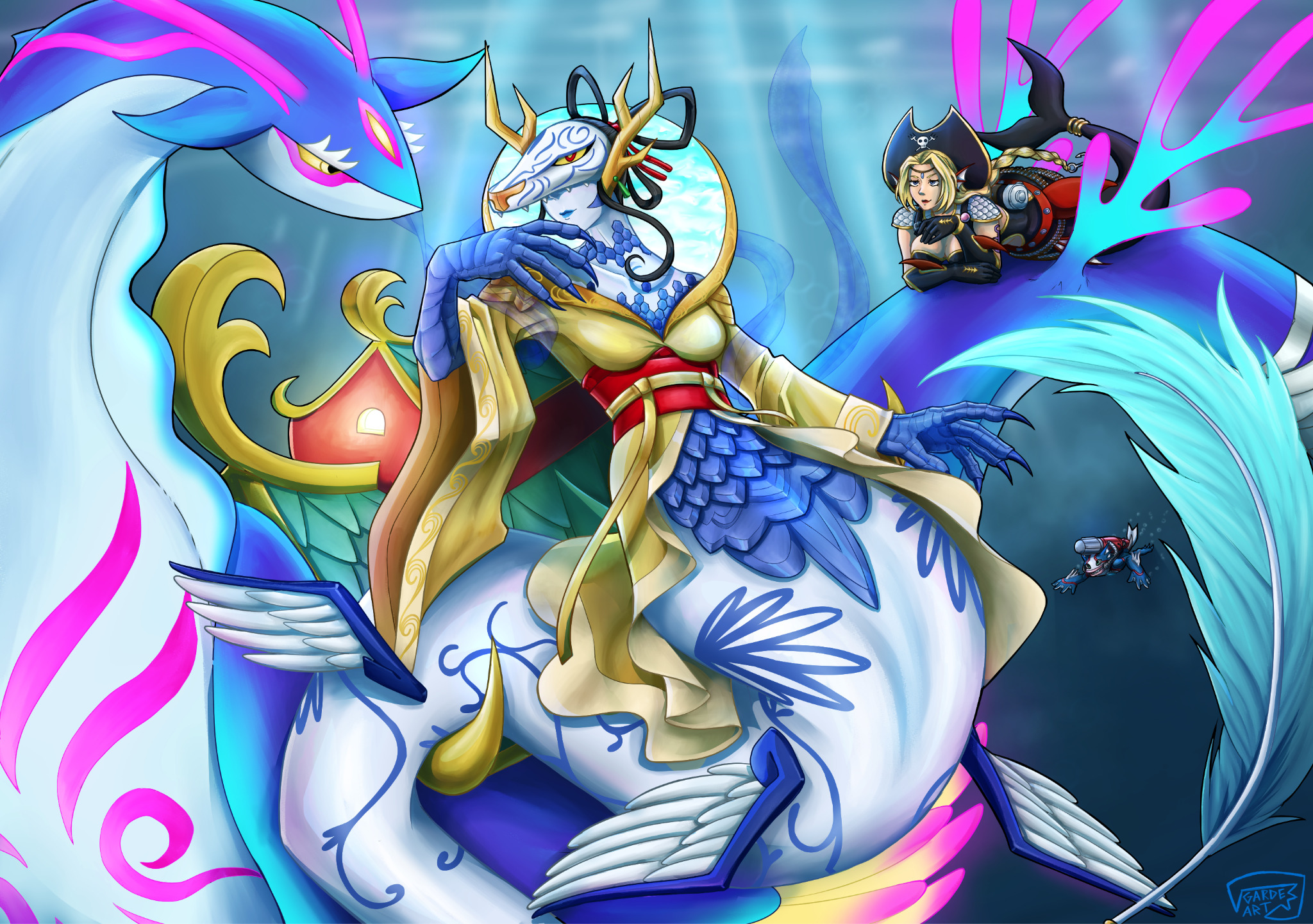 hangyomon, mermaimon, ryugumon, digimon, commentary, english commentary, highres, 1boy, 2girls, black bodysuit, black gloves, black hair, black hat, blonde hair, blue eyes, blue lips, blue skin, bodysuit, breasts, claws, cleavage, closed mouth, clothing cutout, collarbone, colored sclera, colored skin, digimon (creature), elbow gloves, fins, full body, garde-art, gloves, hair ornament, hair rings, hand up, hat, head fins, horns, japanese clothes, kimono, large breasts, long hair, long sleeves, looking at another, looking at viewer, lying, mask, medium breasts, mermaid, monster, monster boy, monster girl, multiple girls, navel cutout, on stomach, palace, parted bangs, pirate hat, red eyes, red lips, sea slug, shagaramon, shoulder pads, signature, tail, tail ornament, tail ring, underwater, yellow kimono, yellow sclera