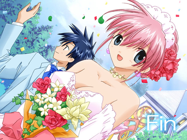 kanan, milfeulle sakuraba, takuto meyers, broccoli (company), galaxy angel, game cg, 00s, 1boy, 1girl, blush, bouquet, breasts, church, collarbone, dress, dutch angle, earrings, english text, flower, jewelry, looking at viewer, necklace, pink hair, smile, tuxedo, wedding, wedding dress