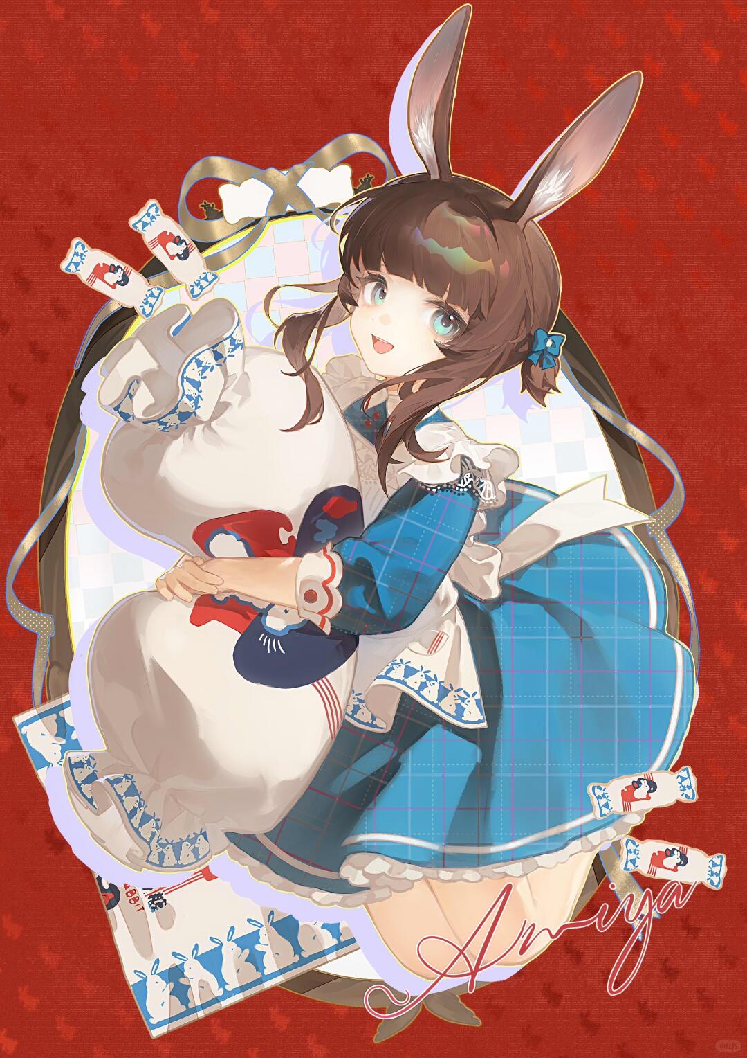 amiya (arknights), arknights, white rabbit candy, bad source, highres, 1girl, :d, animal ears, apron, aqua eyes, artist name, blue dress, blunt bangs, brown hair, dress, english text, full body, hair ornament, holding, hugging object, long hair, looking at viewer, luo sheep chan, official alternate costume, official alternate hairstyle, open mouth, ponytail, rabbit ears, red background, short sleeves, sidelocks, smile, solo