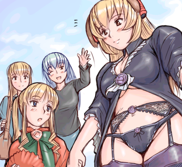 tsuda nanafushi, daiginjou, shinku, suigintou, futaba channel, rozen maiden, 00s, 4girls, black panties, black thighhighs, blonde hair, blush, bow, bow panties, breasts, dress, flat chest, frills, garter belt, garter straps, groin, large breasts, lingerie, long hair, multiple girls, open clothes, open dress, panties, smile, standing, thighhighs, underwear