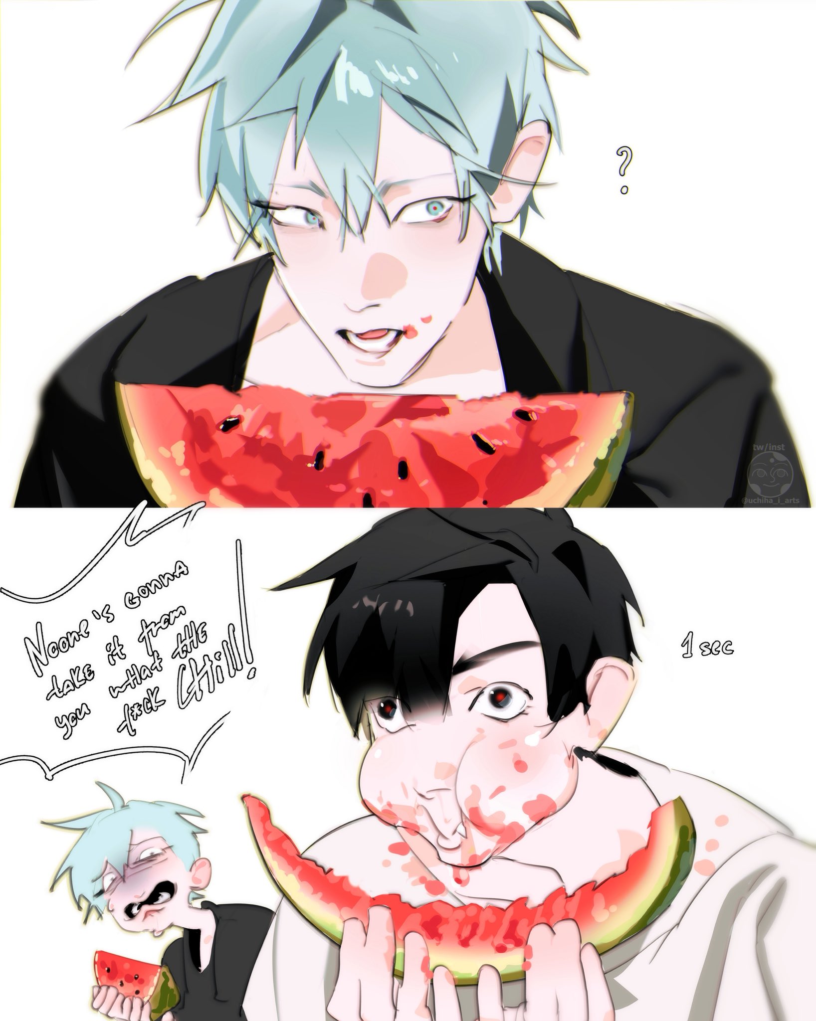 uchiha i arts, ivan (alien stage), till (alien stage), alien stage, commentary, english commentary, highres, 2boys, ?, black eyes, black hair, black shirt, english text, fang, fang out, food, food on face, fruit, green eyes, grey hair, holding, holding food, holding fruit, holding watermelon, male focus, multiple boys, open mouth, puffy cheeks, red pupils, shirt, watermelon, watermelon slice, white shirt