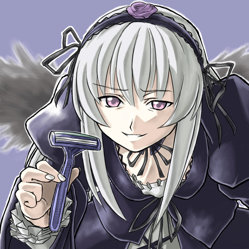 suigintou, rozen maiden, silver hair, 00s, 1girl, female focus, hand on own hip, pink eyes, pun, raised eyebrow, razor, safety razor, solo, what, wings
