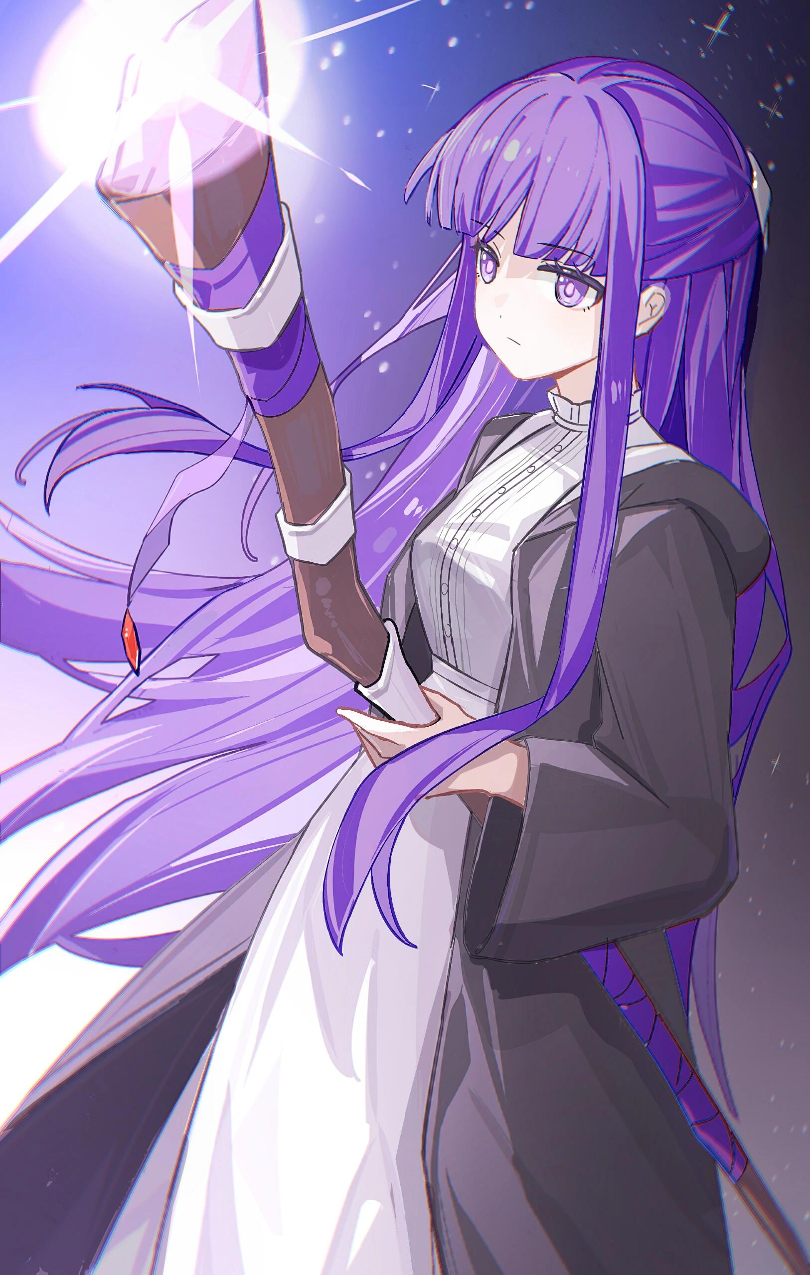 fern (sousou no frieren), sousou no frieren, absurdres, bad source, highres, 1girl, black robe, chidouyue, dress, holding, holding staff, long hair, long sleeves, mage staff, purple eyes, purple hair, robe, solo, staff, very long hair, white dress, wide sleeves