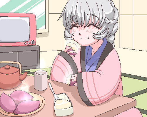 saga inu, teletha testarossa, full metal panic!, lowres, 00s, 1girl, ^ ^, braid, closed eyes, drink, eating, female focus, japanese clothes, kotatsu, oekaki, solo, table, tatami, television