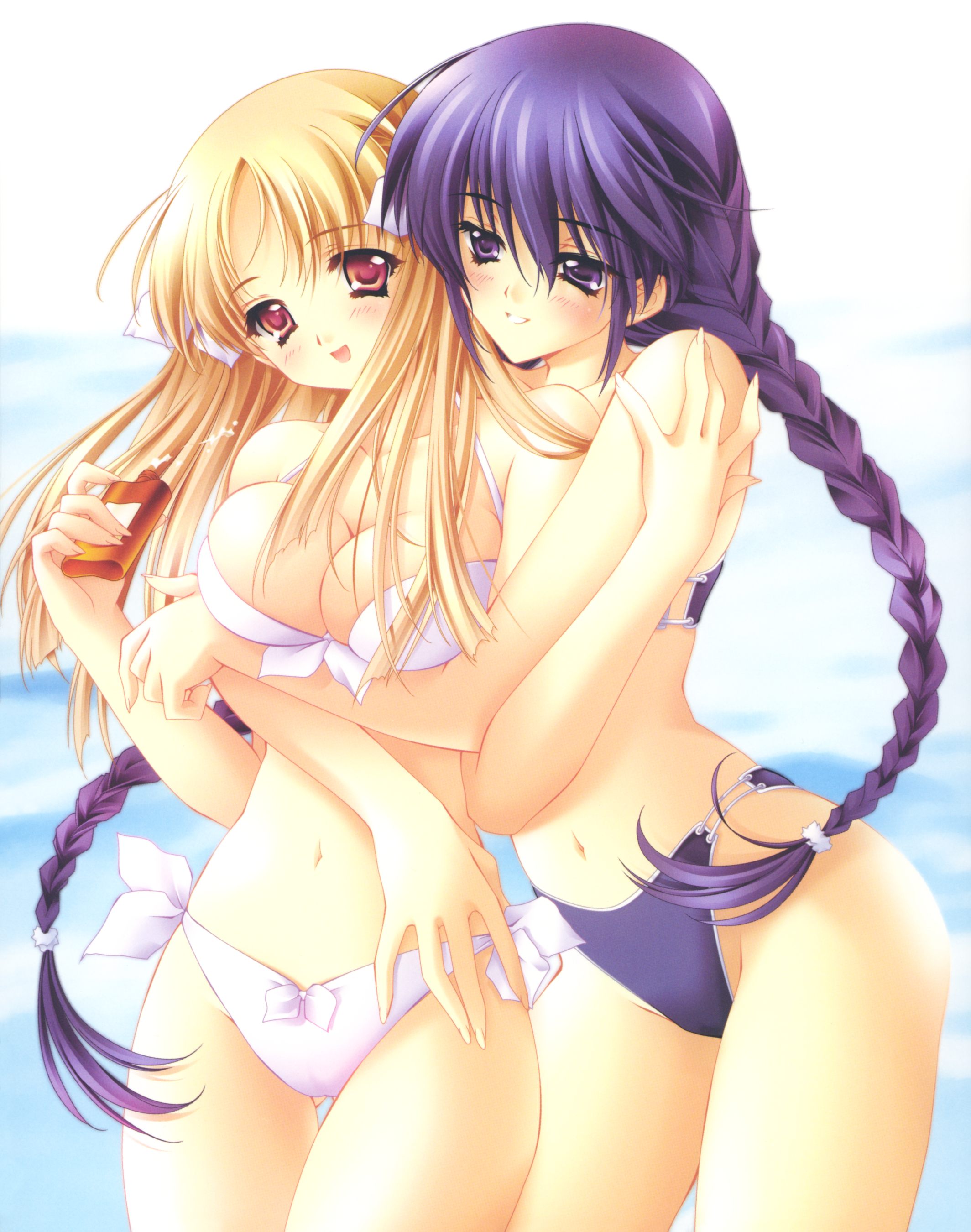 carnelian, azuma hatsumi, azuma hazuki, yami to boushi to hon no tabibito, absurdres, highres, 00s, 2girls, :d, bikini, blonde hair, blue eyes, blue hair, blush, braid, breasts, cleavage, couple, front-tie top, hair ribbon, hug, hug from behind, large breasts, long hair, lotion, multiple girls, navel, open mouth, pink eyes, purple eyes, purple hair, red eyes, ribbon, side-tie bikini bottom, smile, standing, sunscreen, swimsuit, thigh gap, twin braids, very long hair, white bikini, yuri