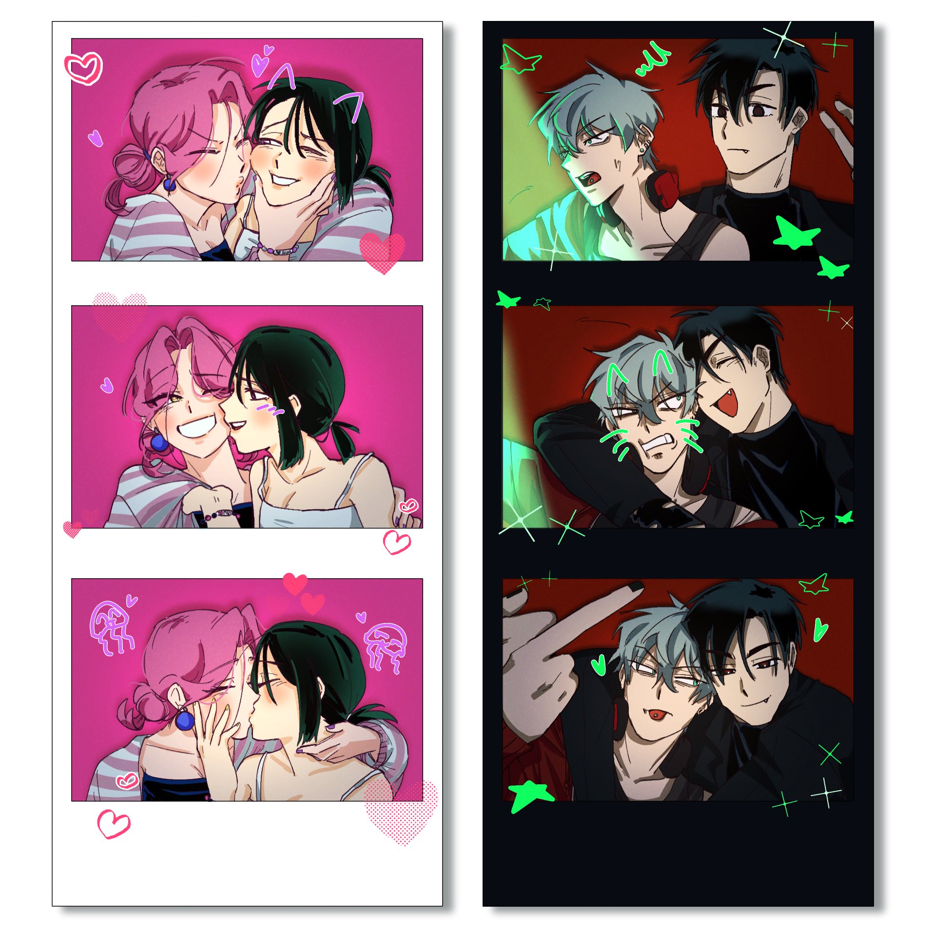 br3adhouse, ivan (alien stage), mizi (alien stage), sua (alien stage), till (alien stage), alien stage, bad id, bad twitter id, highres, 2boys, 2girls, alternate costume, black eyes, black hair, black shirt, black tank top, bracelet, cardigan, drawn ears, drawn whiskers, earrings, fang, green eyes, grey hair, headphones, headphones around neck, heart, jellyfish, jewelry, kiss, multiple boys, multiple girls, one eye closed, open mouth, photo (object), ponytail, purple eyes, shirt, short ponytail, smile, sphere earrings, star (symbol), striped cardigan, tank top, turtleneck, turtleneck shirt, yellow eyes, yuri