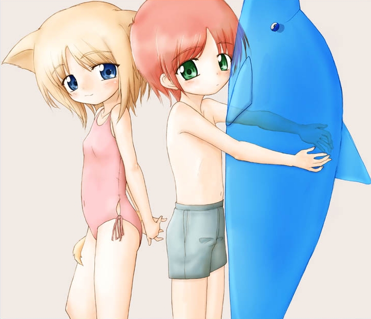 ikuno yui, alice (ikuno yui), original, cropped, 1boy, 1girl, animal ears, arms behind back, blonde hair, blue eyes, casual one-piece swimsuit, cat ears, cat tail, child, dog ears, dog tail, green eyes, grey male swimwear, grey swim trunks, inflatable dolphin, inflatable toy, interlocked fingers, male swimwear, one-piece swimsuit, own hands clasped, own hands together, pink one-piece swimsuit, red hair, shorts, simple background, swim trunks, swimsuit, tail