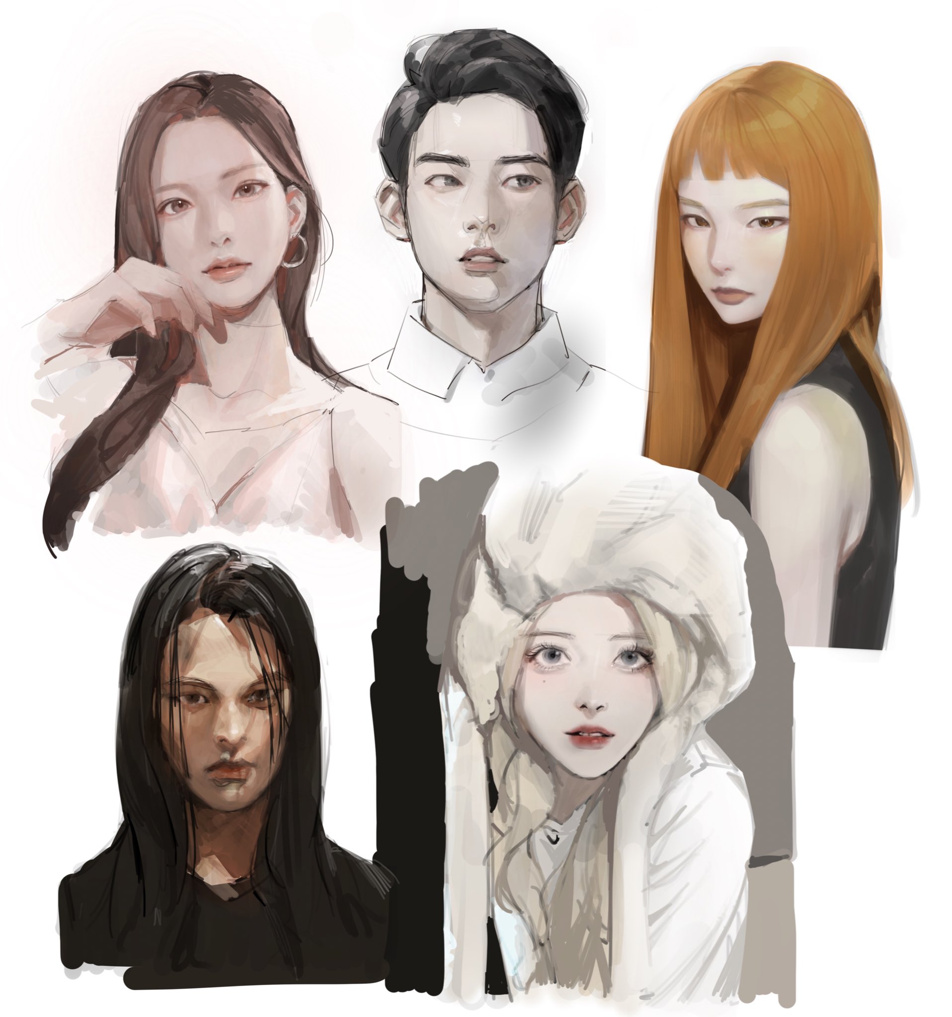 seulgi (red velvet), real life, red velvet (group), highres, bare shoulders, black hair, earrings, jewelry, jkml, k-pop, long hair, multiple girls, open mouth, orange hair, red lips, white background