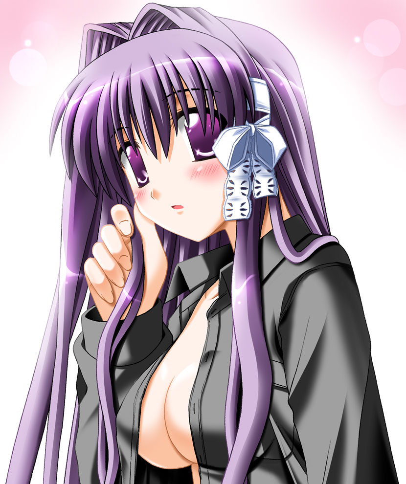 otoki raku, fujibayashi kyou, clannad, 00s, 1girl, blush, breasts, cleavage, female focus, hair intakes, hair ribbon, long hair, no bra, open clothes, open shirt, purple eyes, purple hair, ribbon, ruffling hair, shirt, solo