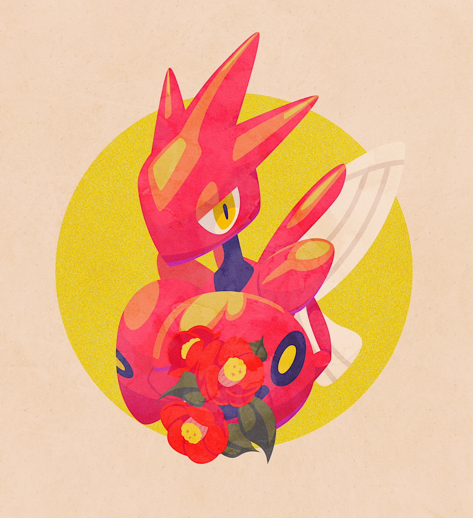 hisashi999, scizor, nintendo, pokemon, commentary request, highres, camellia, flower, gen 2 pokemon, holding, holding flower, looking at viewer, no humans, no lineart, pokemon (creature), red flower, solo, yellow eyes