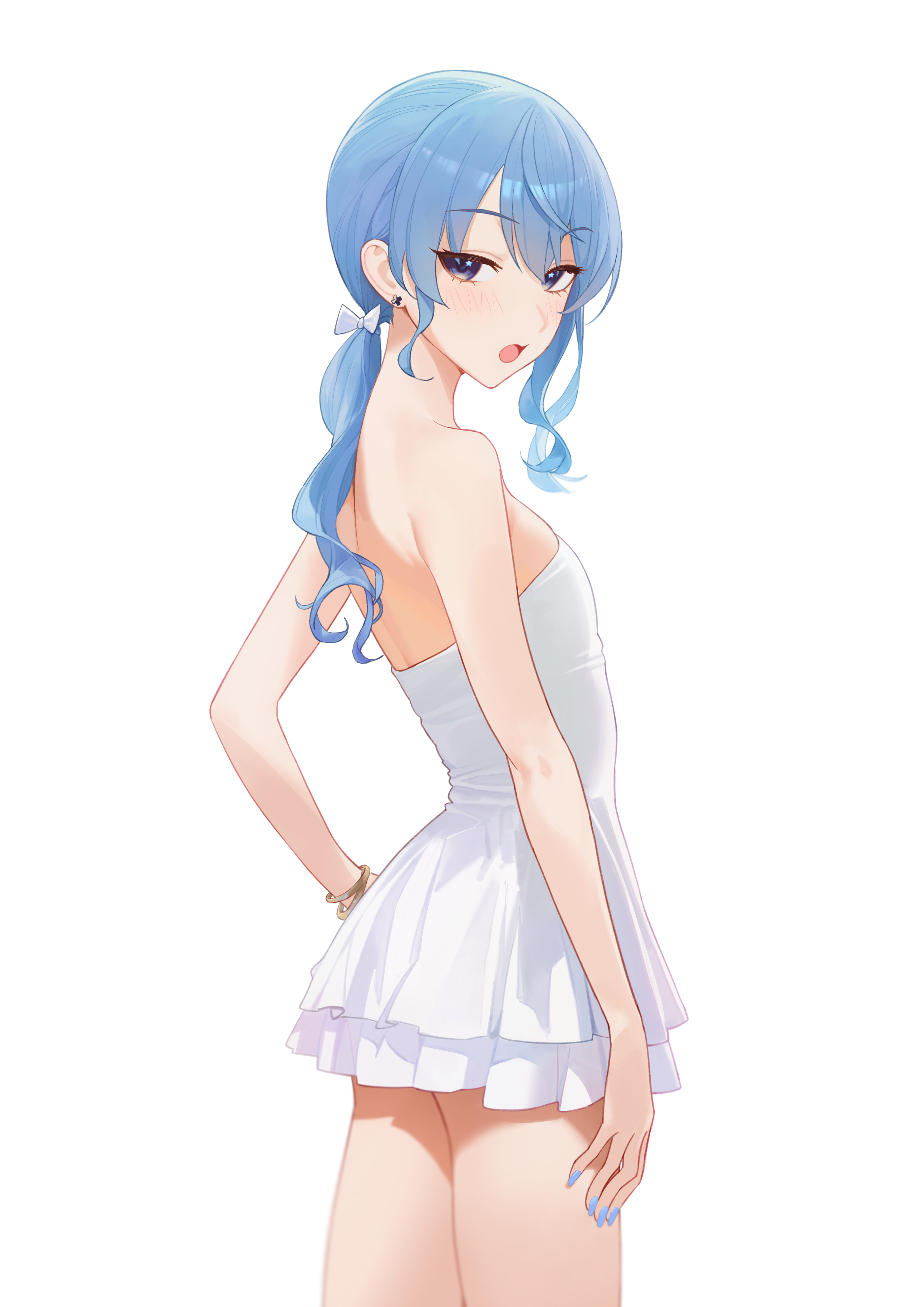 serelith, hoshimachi suisei, hololive, absurdres, commentary, english commentary, highres, 1girl, alternate costume, alternate hairstyle, asymmetrical sidelocks, bare shoulders, blue eyes, blue hair, blue nails, bracelet, double-parted bangs, dress, flat chest, from side, hair between eyes, jewelry, layered dress, looking at viewer, median furrow, nail polish, open mouth, ponytail, short dress, sidelocks, simple background, solo, star (symbol), star in eye, strapless, strapless dress, symbol in eye, virtual youtuber, white background, white dress