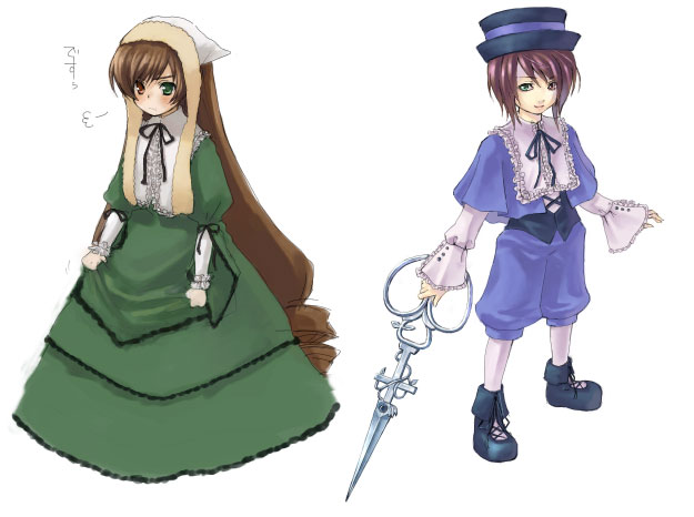 yuuryuu nagare, souseiseki, suiseiseki, rozen maiden, 00s, 2girls, hat, headscarf, heterochromia, long hair, multiple girls, pantyhose, short hair, siblings, sisters, twins, very long hair, white headscarf