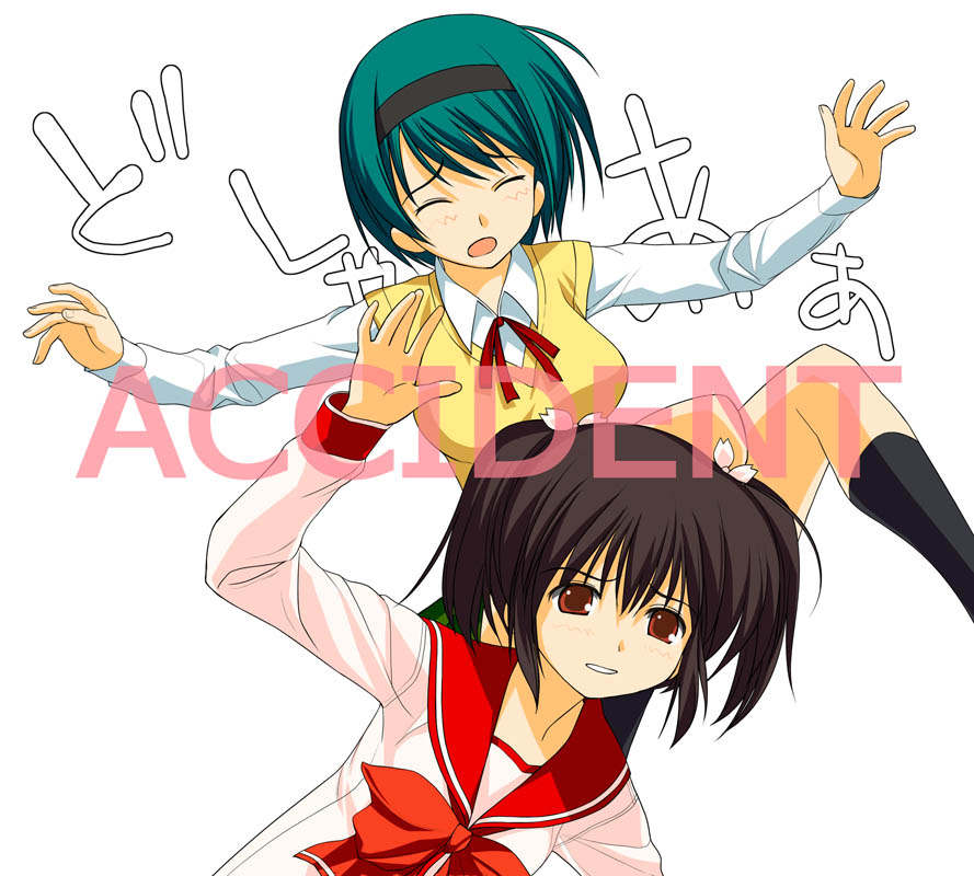 a1 (initial-g), yoshioka chie, yuzuhara konomi, idolmaster, idolmaster (classic), idolmaster 1, to heart (series), to heart 2, black legwear, > <, 00s, 2girls, blush, bow, brown hair, closed eyes, crossover, english text, falling, green hair, hairband, long sleeves, multiple girls, open mouth, school uniform, serafuku, short hair, twintails, vest