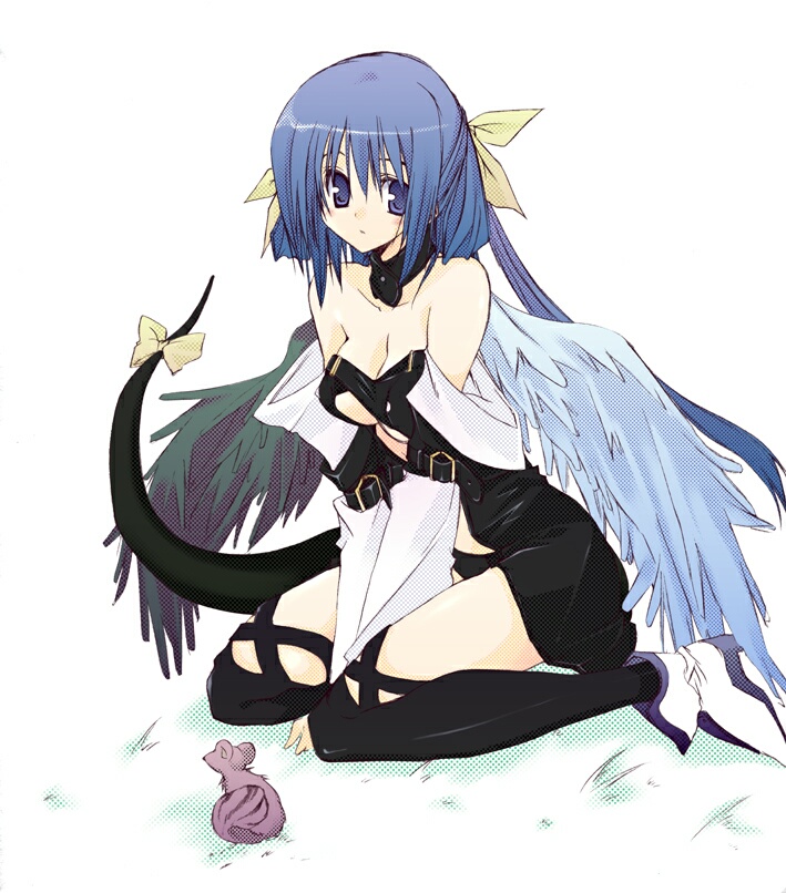 dizzy (guilty gear), arc system works, guilty gear, 1girl, asymmetrical wings, bow, female focus, ribbon, sitting, solo, squirrel, tail, tail bow, tail ornament, tail ribbon, thighhighs, wings