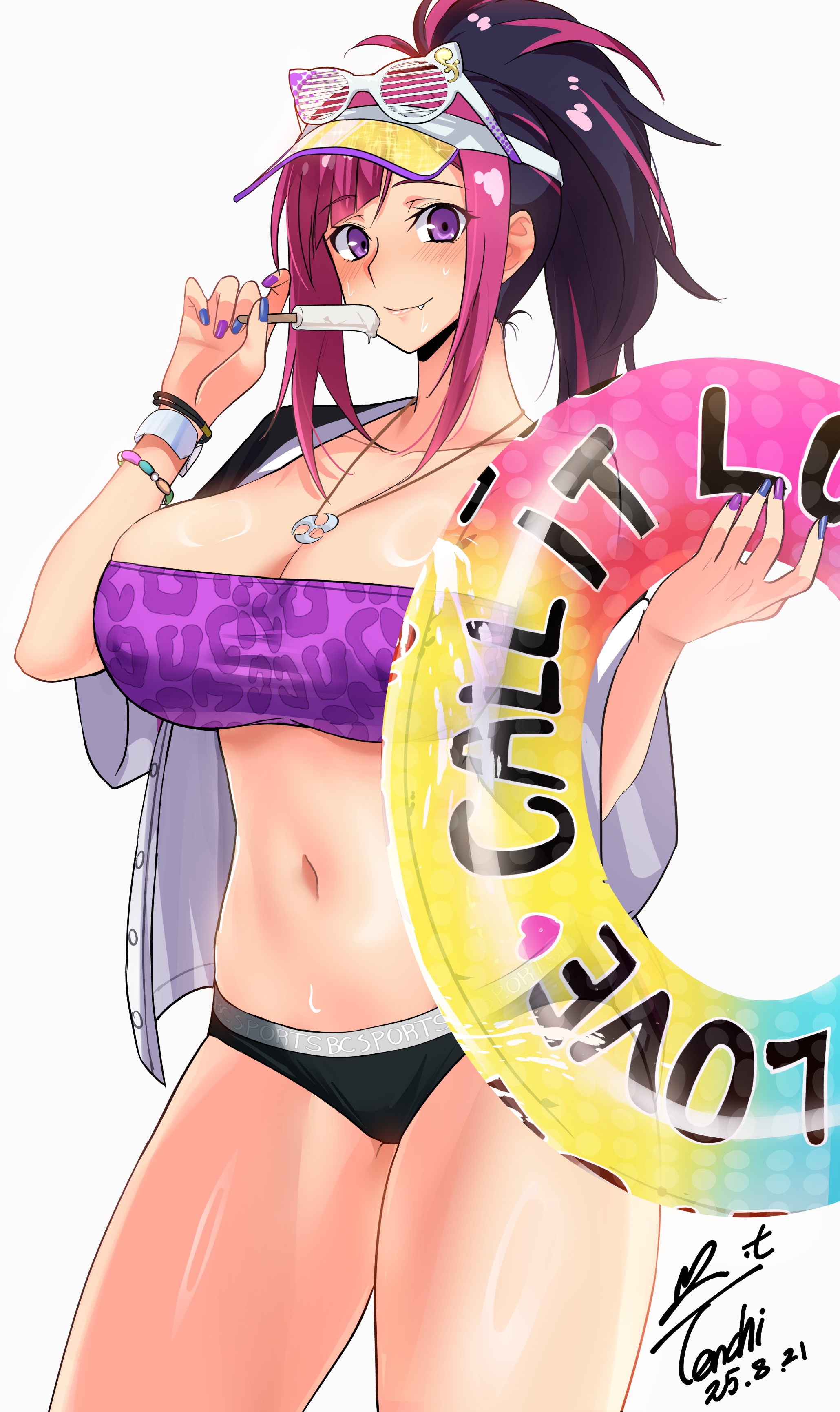yoo tenchi, tsukinowa forte, super robot wars, super robot wars y, absurdres, highres, 1girl, antenna hair, bikini, black hair, black shirt, blue nails, breasts, cleavage, dated, eyewear on head, food, food in mouth, holding, holding food, holding popsicle, innertube, jewelry, large breasts, mismatched bikini, multicolored hair, nail polish, necklace, open clothes, open shirt, pink hair, ponytail, popsicle, purple eyes, purple nails, shirt, signature, simple background, smile, solo, strapless, strapless bikini, streaked hair, sunglasses, swim ring, swimsuit, tube top, two-tone hair, visor cap, white background