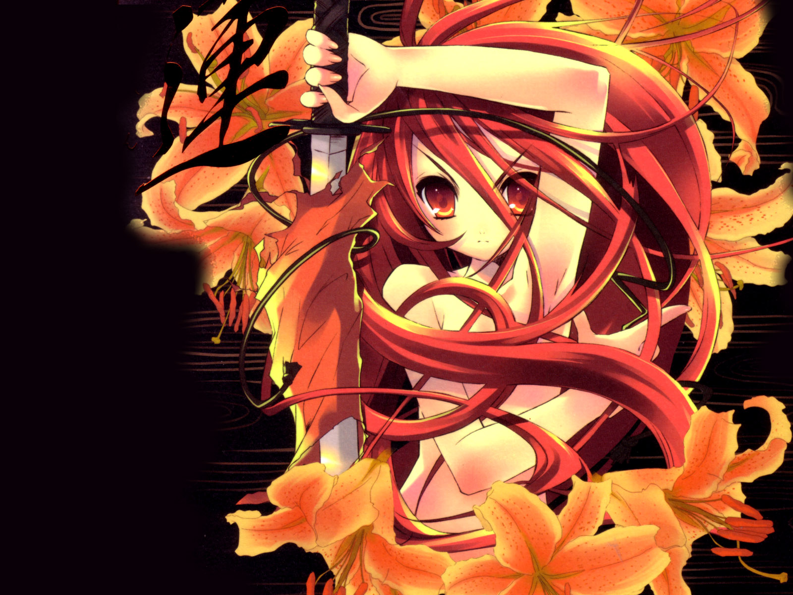 ito noizi, shana, shakugan no shana, highres, 00s, flower, katana, lily (flower), long hair, nude, red eyes, red hair, solo, sword, weapon