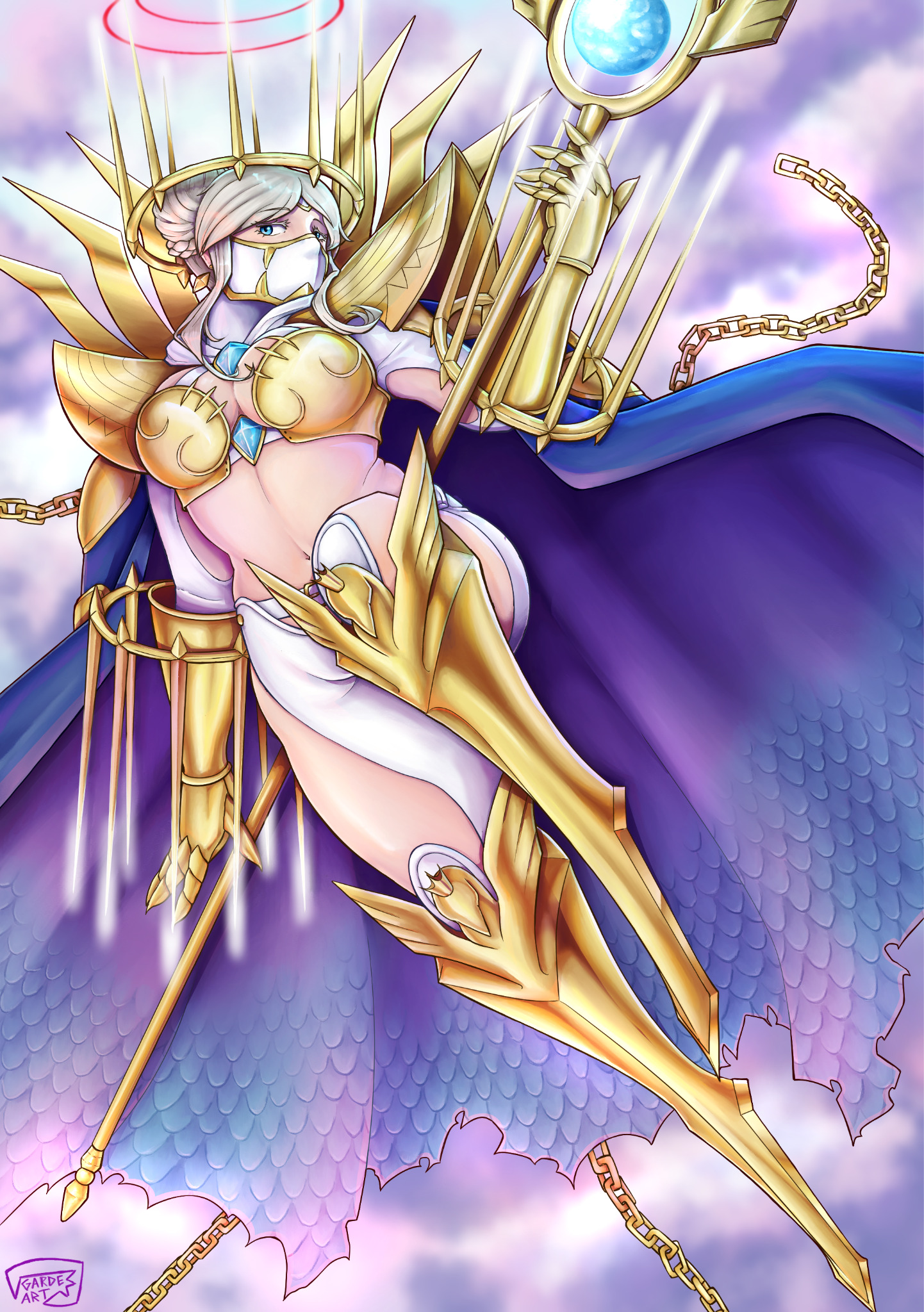 junomon, digimon, commentary, english commentary, highres, 1girl, arm cutout, armor, armored boots, blonde hair, blue cape, blue eyes, bodysuit, boobplate, boots, braid, braided bun, breastplate, breasts, cape, chain, cleavage, clothing cutout, crown, digimon (creature), double bun, double halo, floating, full body, garde-art, gauntlets, gold armor, gold chain, gold crown, hair bun, halo, hand up, holding, holding staff, looking at viewer, mask, medium breasts, midriff, mouth mask, multiple halos, navel, ninja mask, parted bangs, shoulder armor, sidelocks, signature, solo, staff, torn cape, torn clothes, white bodysuit, white mask