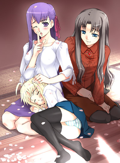 inuga anahoru, artoria pendragon (fate), matou sakura, saber (fate), tohsaka rin, fate/stay night, fate (series), bad id, bad pixiv id, 00s, 3girls, black thighhighs, blonde hair, blue panties, dress, dress shirt, lap pillow, long legs, long sleeves, lying, miniskirt, multiple girls, on side, panties, pantyshot, seiza, shirt, sitting, skirt, striped clothes, striped panties, thighhighs, underwear
