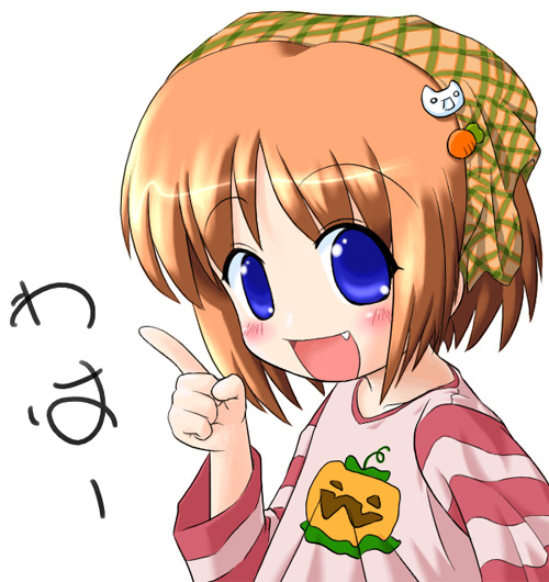 waha, yamato suzuran, suigetsu, striped, 1girl, blue eyes, blush, brown hair, fang, female focus, hair ornament, hairclip, happy, index finger raised, long sleeves, looking at viewer, short hair, smile, solo, upper body, waha~ (meme)