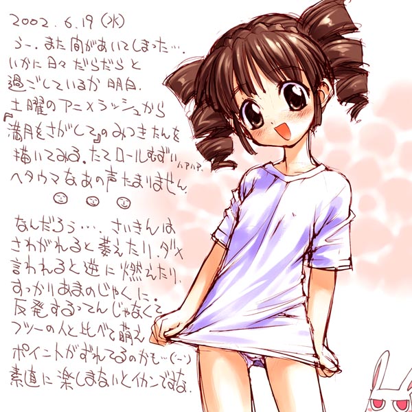 myuracchi (ayashii hon'ya), myuratch, kouyama mitsuki, full moon wo sagashite, translation request, 00s, 1girl, brown eyes, brown hair, clothes pull, drill hair, female focus, open mouth, panties, pantyshot, rabbit, shirt, shirt pull, solo, standing, t-shirt, twin drills, underwear