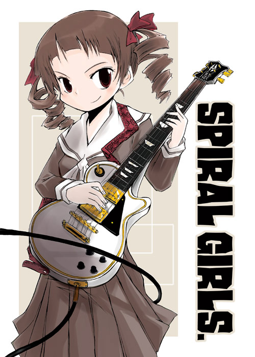 hondasonemi, matsudaira touko, maria-sama ga miteru, 00s, 1girl, brown eyes, electric guitar, english text, female focus, gibson les paul, guitar, instrument, long hair, school uniform, serafuku, simple background, solo