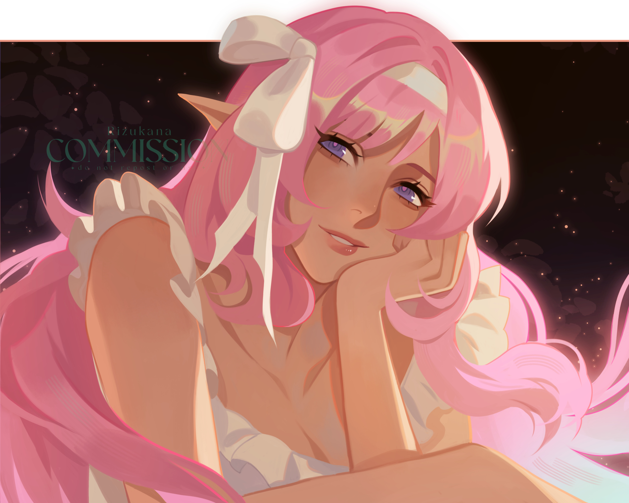 nina (rizukana4), elysia (honkai impact), honkai (series), honkai impact 3rd, commentary, commission, english commentary, highres, 1girl, alternate costume, blue eyes, breasts, cleavage, dress, elf, hairband, hand on own cheek, hand on own face, long hair, medium breasts, pink hair, pointy ears, solo, upper body, very long hair, white dress, white hairband