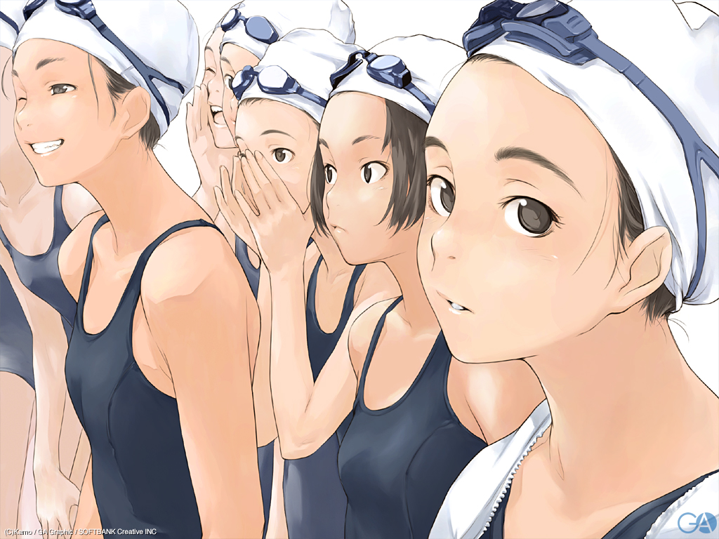 gafas, kamo (gafas), gagraphic, original, 6+girls, brown eyes, brown hair, flat chest, forehead, goggles, goggles on head, grin, multiple girls, one-piece swimsuit, one eye closed, open mouth, school swimsuit, shouting, smile, swim cap, swimsuit, watermark