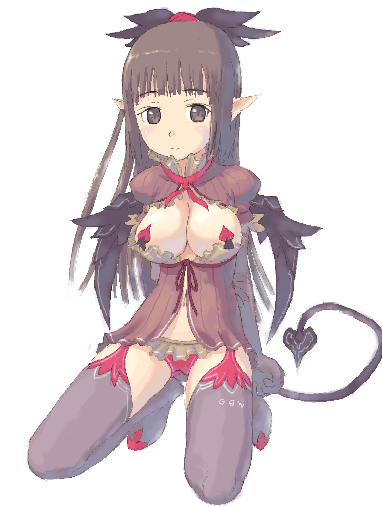 tougetsu gou, original, 1girl, breasts, cleavage, cleavage cutout, clothing cutout, fantasy, female focus, hime cut, kneeling, looking at viewer, microskirt, panties, pantyshot, pasties, pointy ears, red panties, simple background, skirt, solo, tail, thighhighs, underwear, white background, wings