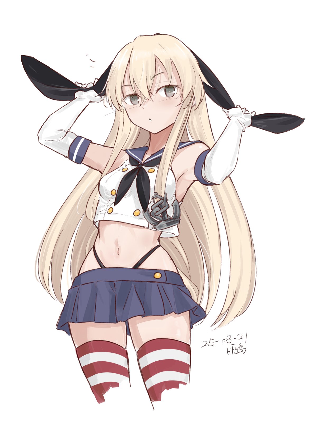 hikashima (shiofune), shimakaze (kancolle), kantai collection, highres, 1girl, anchor hair ornament, artist name, black hairband, black neckerchief, black panties, blonde hair, blue sailor collar, blue skirt, cowboy shot, crop top, cropped legs, dated, elbow gloves, gloves, grey eyes, hair ornament, hairband, highleg, highleg panties, holding hairband, long hair, looking at viewer, microskirt, miniskirt, neckerchief, panties, pleated skirt, sailor collar, shirt, simple background, skirt, sleeveless, sleeveless shirt, solo, standing, striped clothes, striped thighhighs, thighhighs, underwear, white background, white gloves